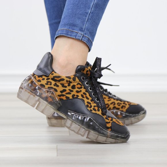Animal Leopard Print Women's Fashion Chunky Heel Sneakers Shoes - Picture 4 of 15